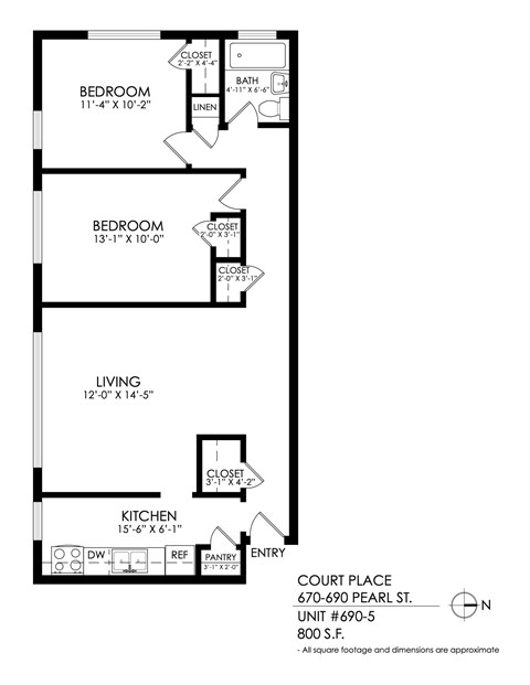 A floor plan of a house with two bedrooms, a living room, a kitchen, and a court place.